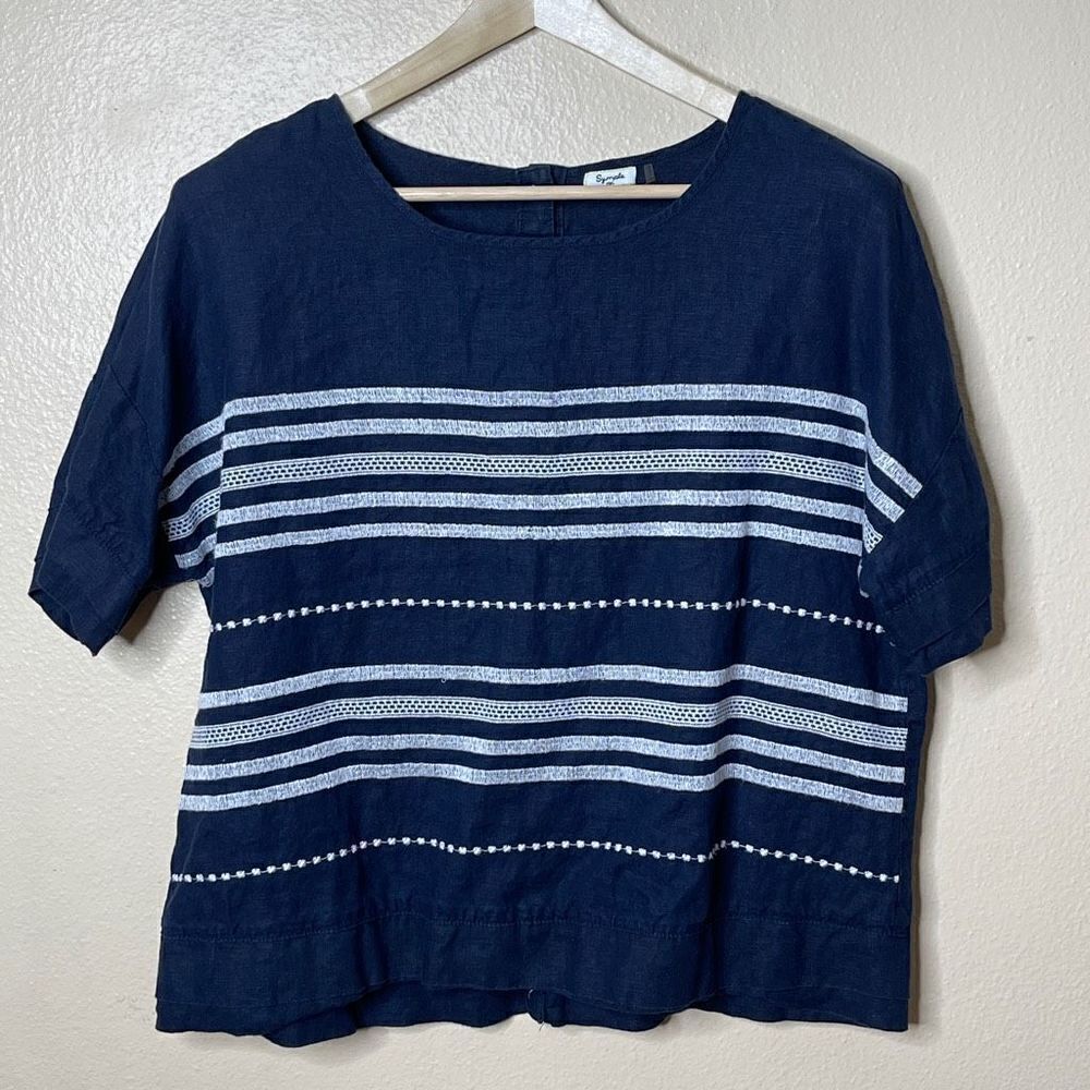 Symple NYC Shirt Womens Large Navy Blue Linen Boxy Short Sleeve Tunic Buttons